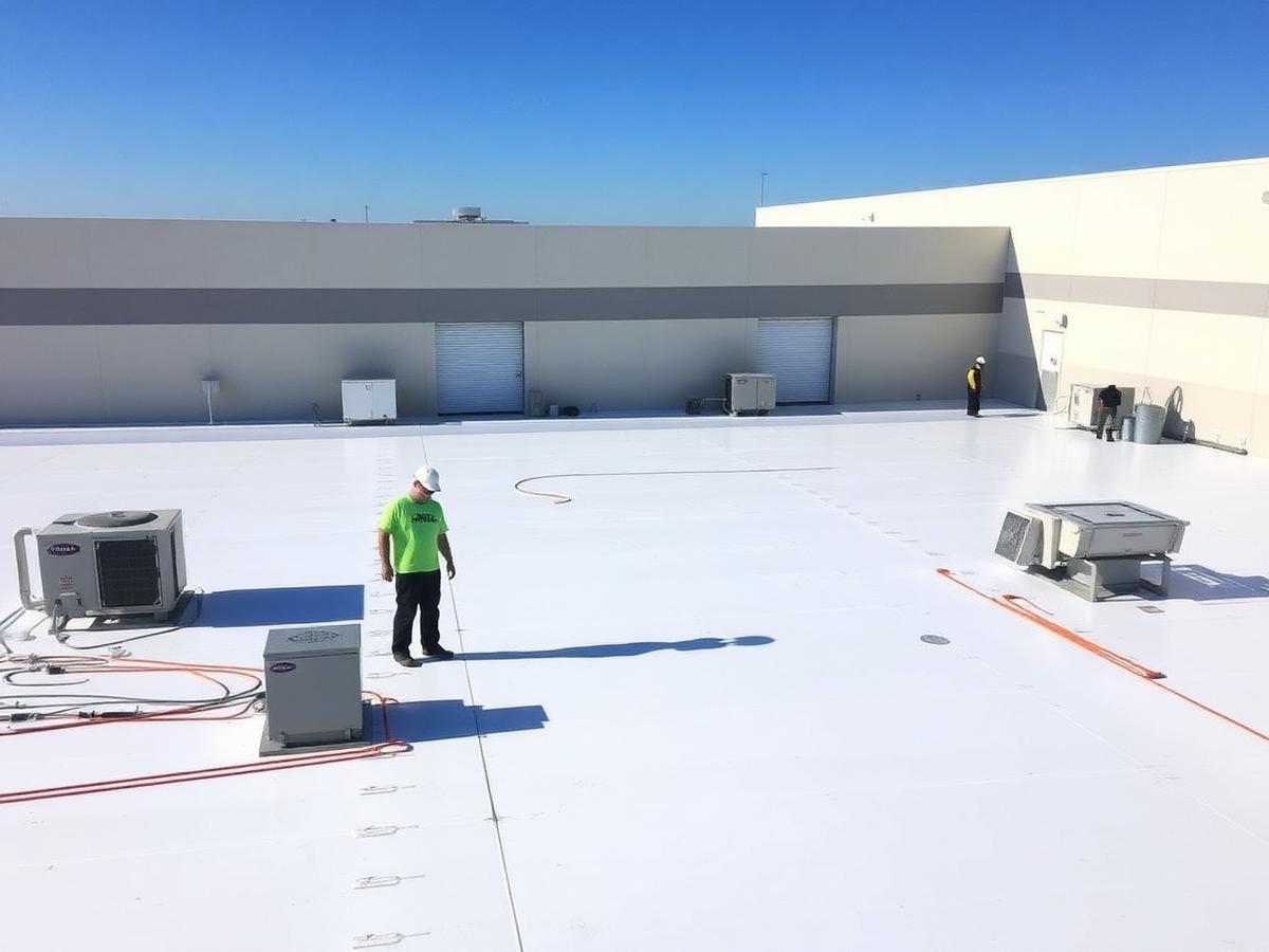 Flat white membrane roof on a commercial building