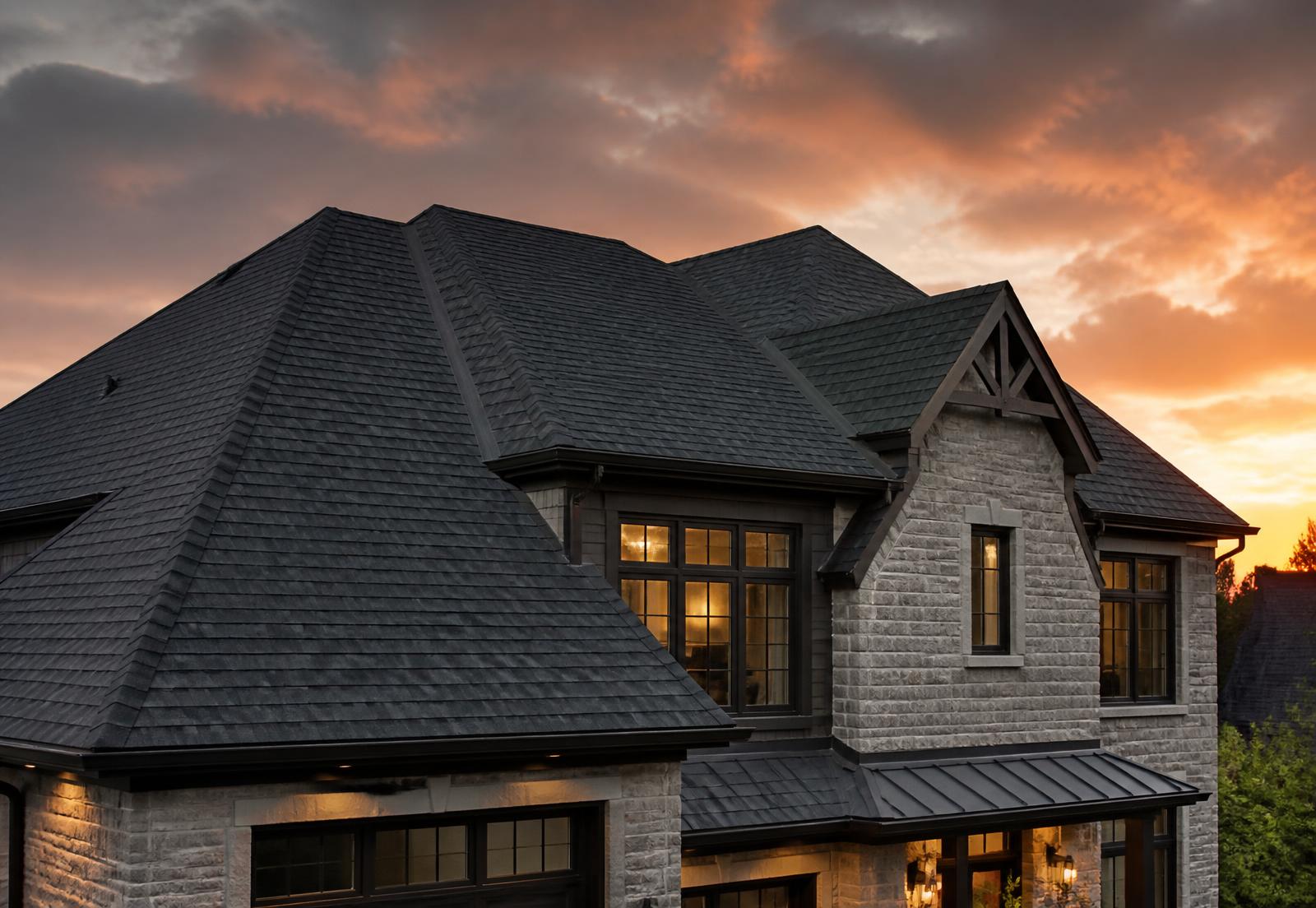 Newly installed shingle roof on a Markham home at sunset