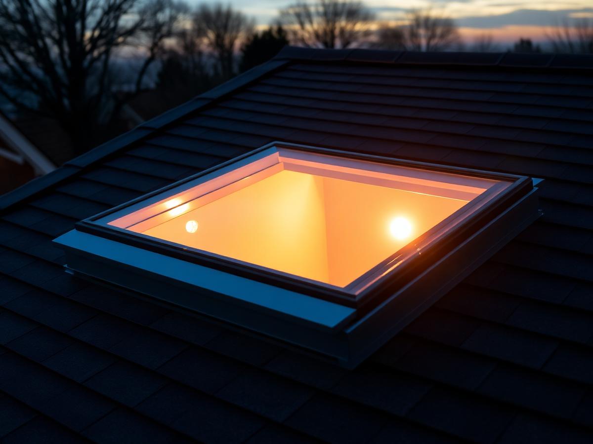 Skylight glowing at dusk on a shingled roof
